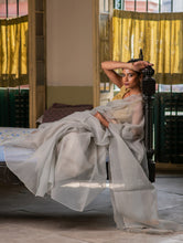 Load image into Gallery viewer, Sheer Elegance. Exclusive Handwoven Resham Silk Saree - Pearl Grey