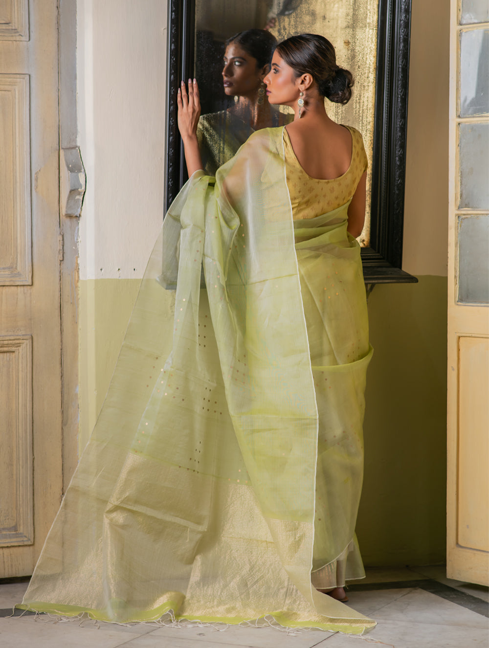 Load image into Gallery viewer, Sheer Elegance.  Exclusive Handwoven Resham Silk Saree - Pale Green