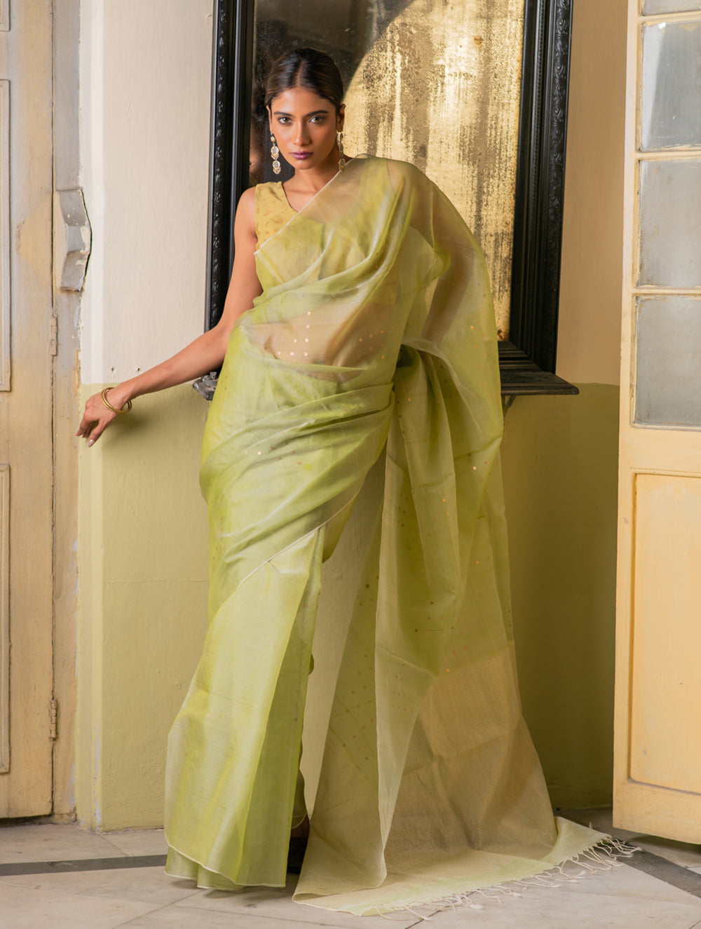 Load image into Gallery viewer, Sheer Elegance.  Exclusive Handwoven Resham Silk Saree - Pale Green
