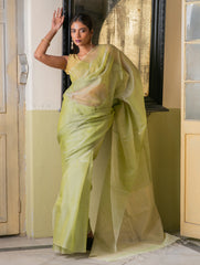 Sheer Elegance.  Exclusive Handwoven Resham Silk Saree - Pale Green