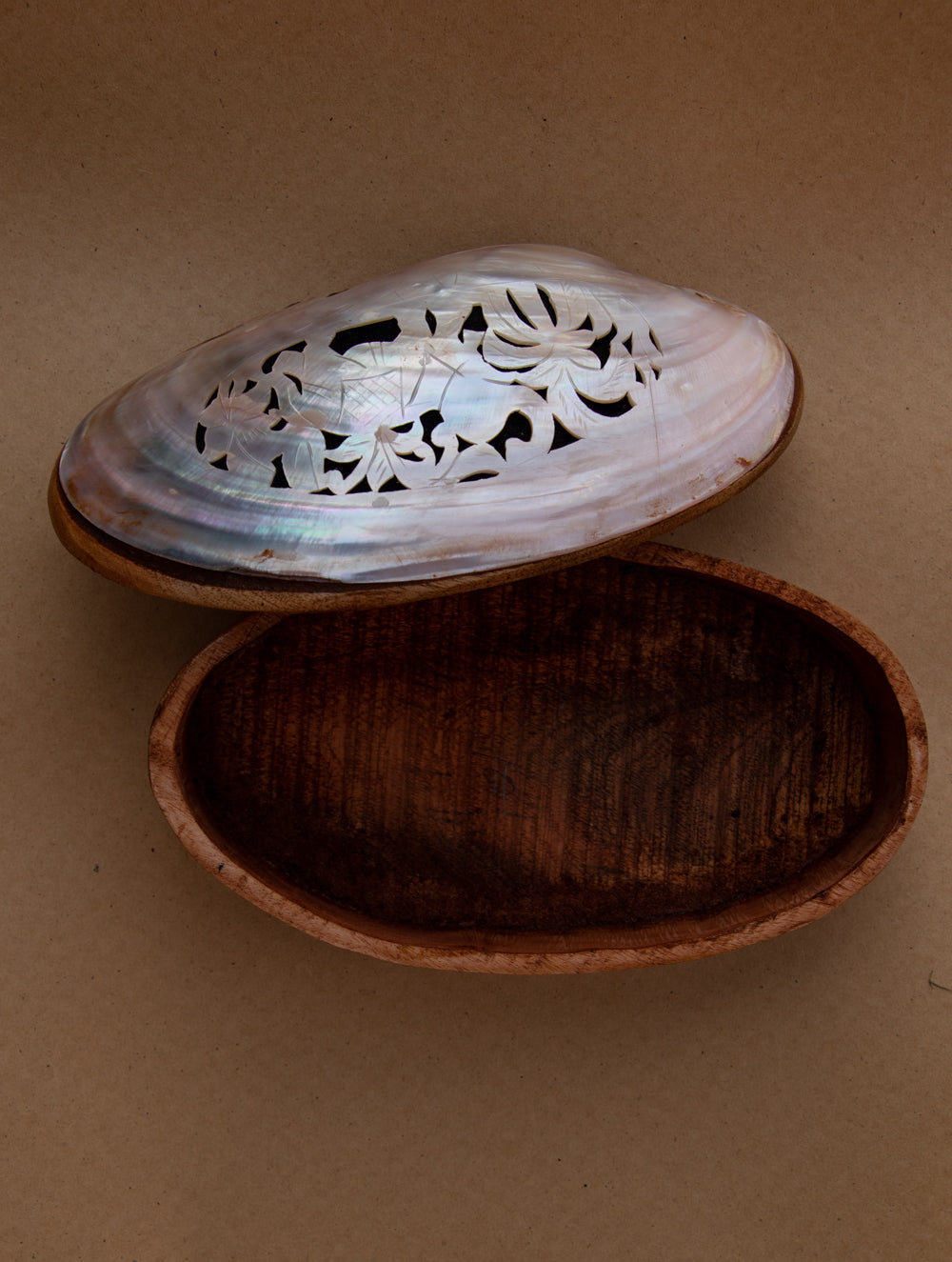 Shell Craft Multi-Utility Decorative Box (Oval; Rustic Wooden Base)