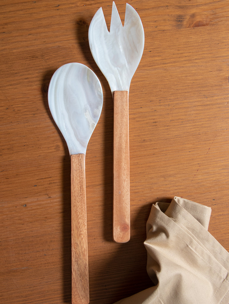 Shell Craft Salad Spoons With Wooden Handles - (Set of 2) - The India Craft House 
