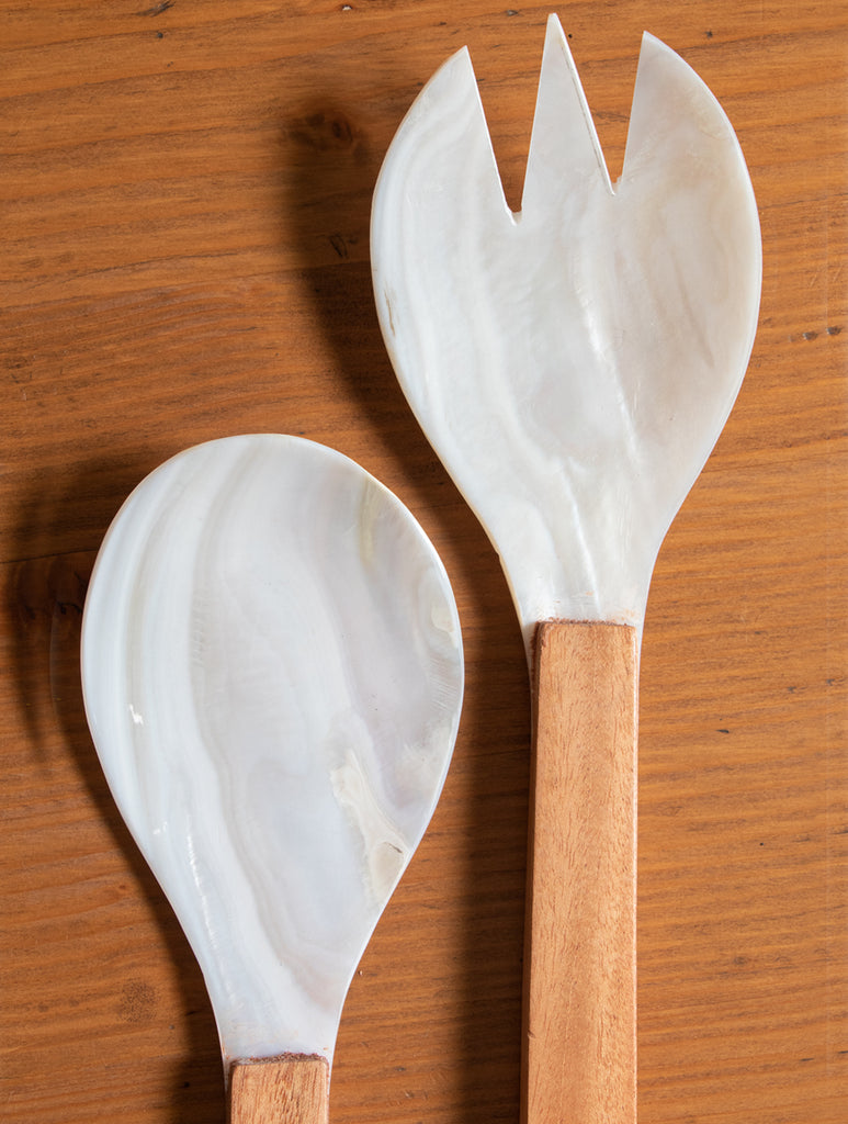 Shell Craft Salad Spoons With Wooden Handles - (Set of 2) - The India Craft House 