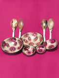 Shell Craft - Serving Bowls Set with Handpainted Pink Peacock Feather Motif -  5 Bowls with 4 Serving Spoons