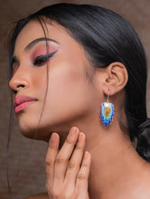 Load image into Gallery viewer, Silver Meenakari Earrings - Hanging Blue Lotus