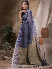 Soft Handwoven Bengal Cotton Saree With Ikat Border- Grey