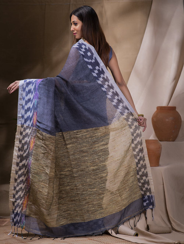 Soft Handwoven Bengal Cotton Saree With Ikat Border- Grey