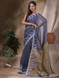 Soft Handwoven Bengal Cotton Saree With Ikat Border- Grey