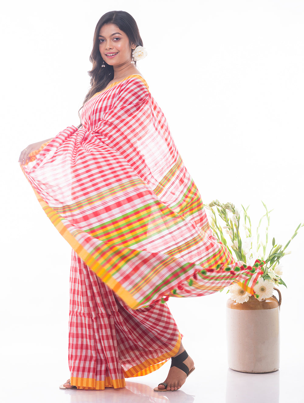 Load image into Gallery viewer, Soft Bengal Handwoven Gamcha Checked Saree - Red &amp; White