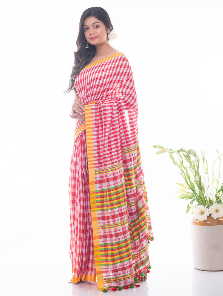 Soft Bengal Handwoven Gamcha Checked Saree - Red & White