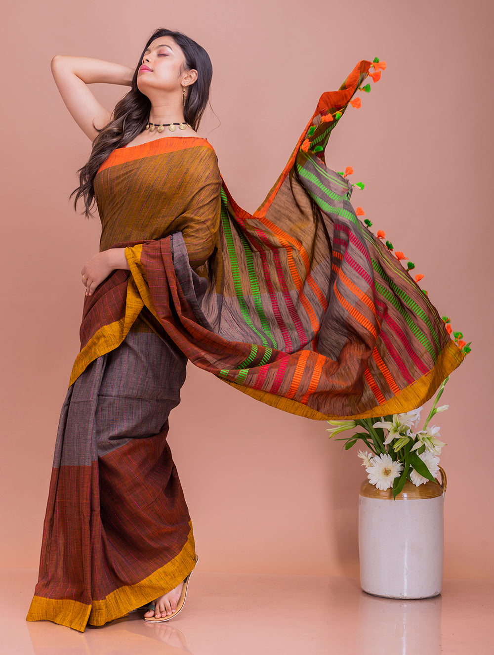Load image into Gallery viewer, Soft Bengal Handwoven Kantha Stitch Cotton Saree - Rust &amp; Grey