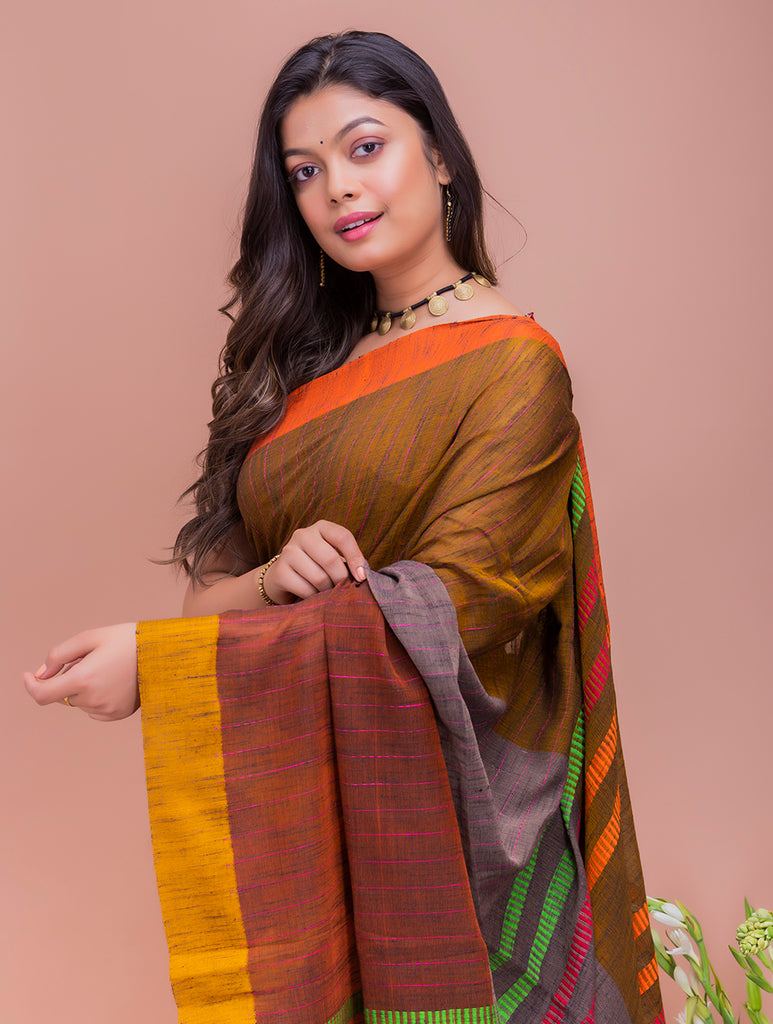 Soft Bengal Handwoven Kantha Stitch Cotton Saree - Rust & Grey