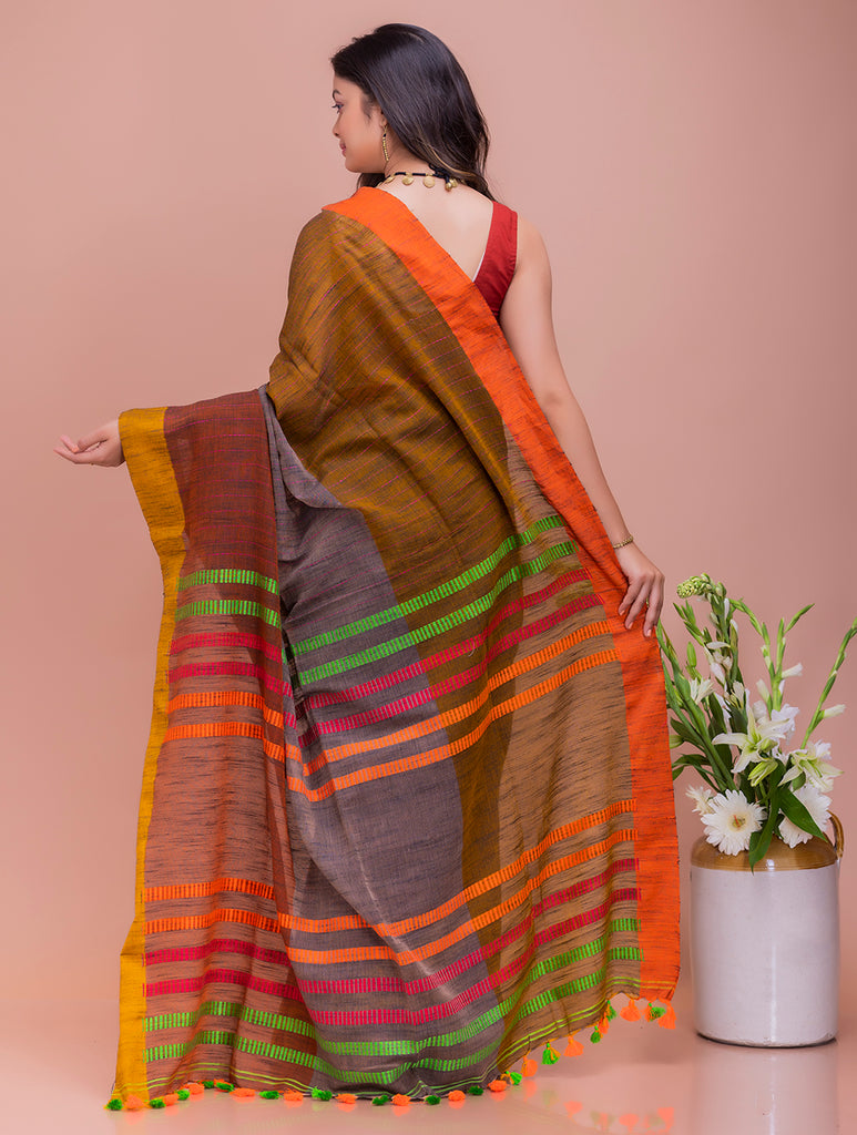 Soft Bengal Handwoven Kantha Stitch Cotton Saree - Rust & Grey