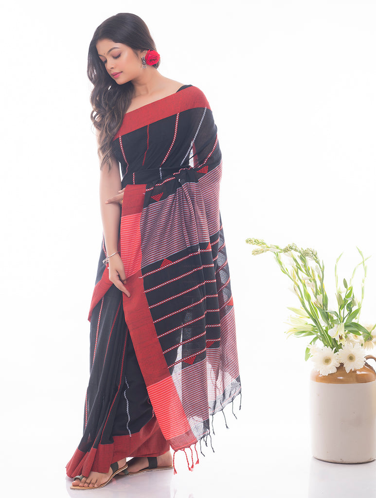 Soft Bengal Handwoven Khadi Cotton Saree - Black 