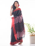 Soft Bengal Handwoven Khadi Cotton Saree - Black