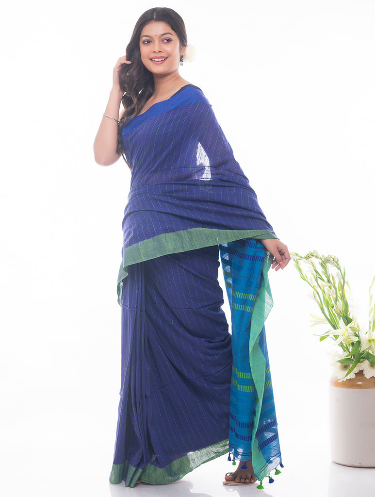 Soft Bengal Handwoven Khadi Cotton Saree - Blue & Green 
