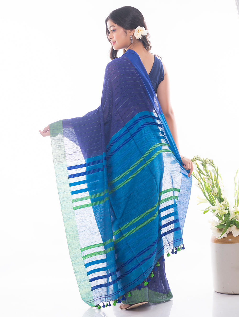 Load image into Gallery viewer, Soft Bengal Handwoven Khadi Cotton Saree - Blue &amp; Green 