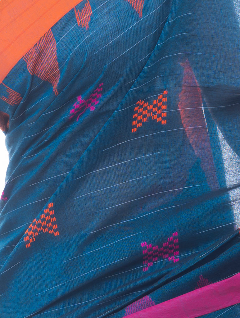 Soft Bengal Handwoven Khadi Cotton Saree - Teal & Orange  
