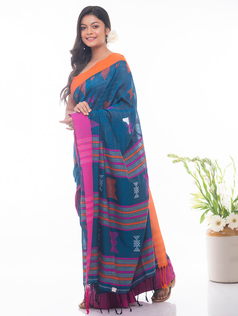 Soft Bengal Handwoven Khadi Cotton Saree - Teal & Orange  