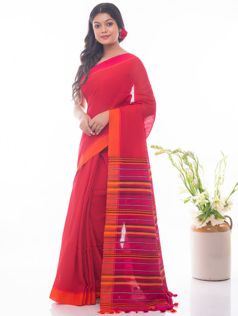 Soft Bengal Handwoven Khadi Cotton Saree - Warm Red