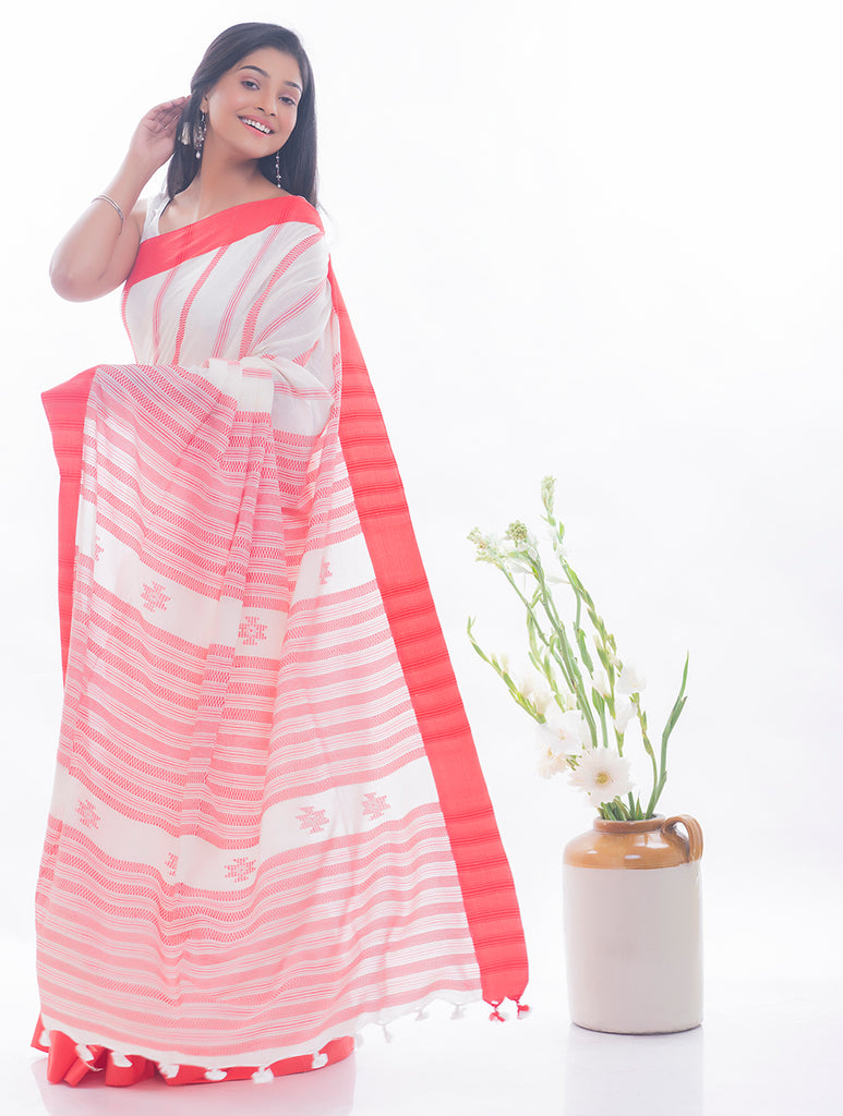 Soft Bengal Handwoven Khadi Cotton Saree - White & Red