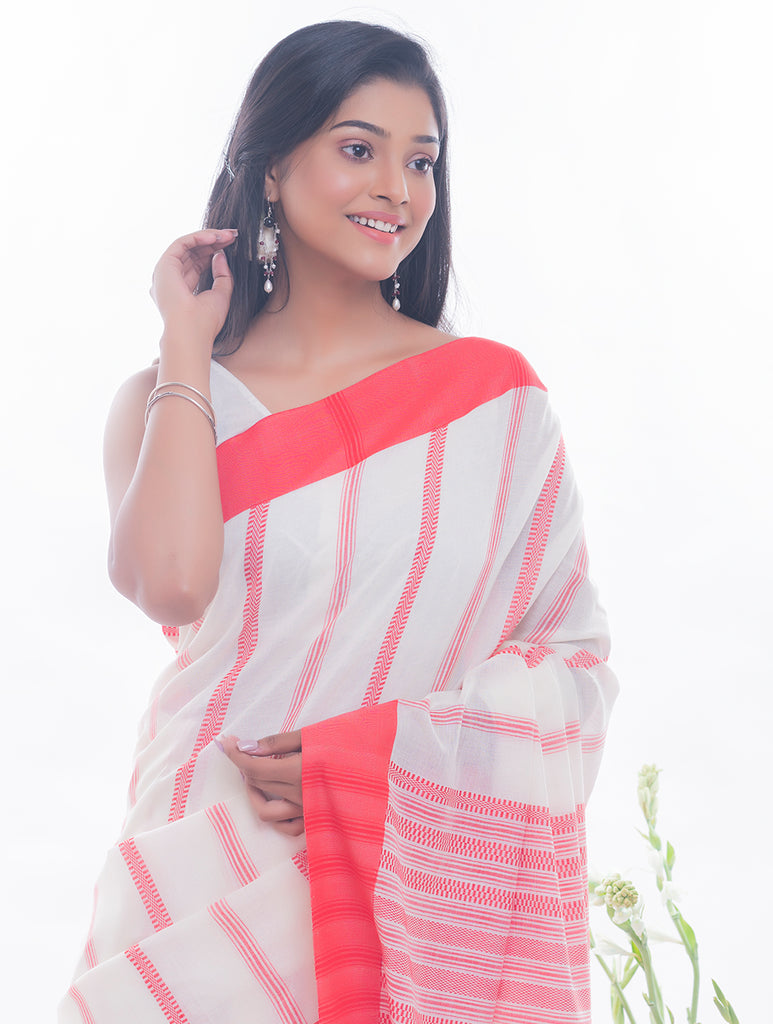 Soft Bengal Handwoven Khadi Cotton Saree - White & Red