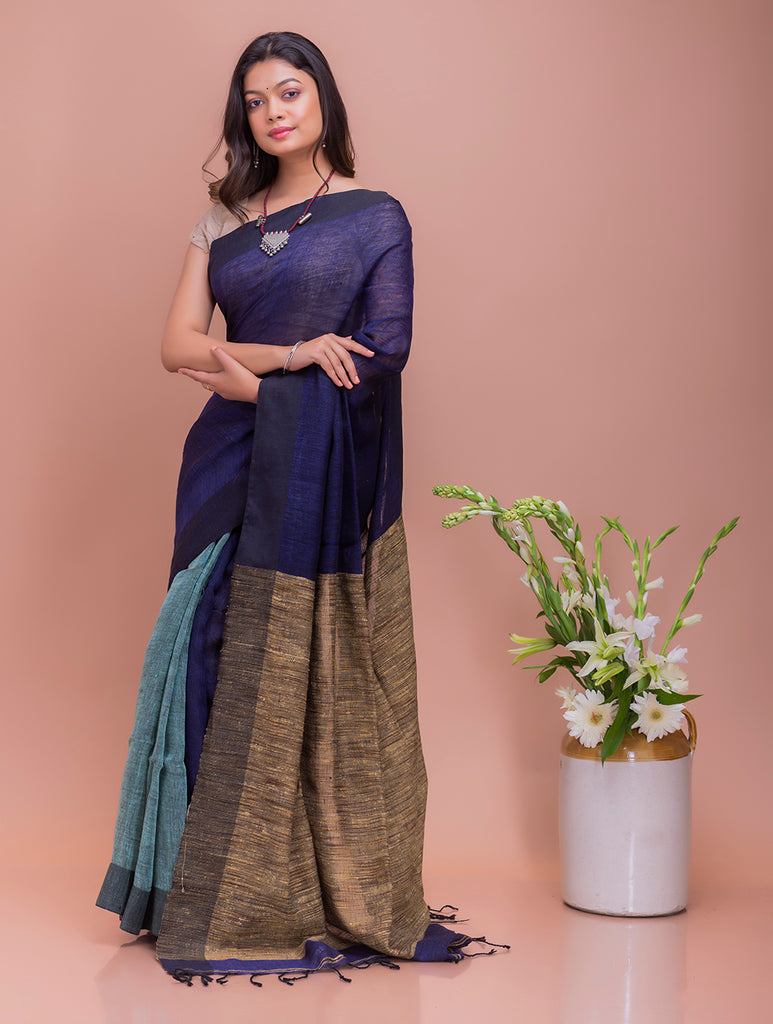 Soft Bengal Handwoven Linen Saree - Aqua Green & Deep Blue