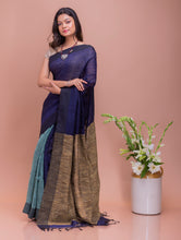 Load image into Gallery viewer, Soft Bengal Handwoven Linen Saree - Aqua Green &amp; Deep Blue