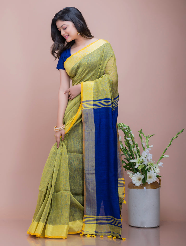 Soft Bengal Handwoven Linen Saree - Lime & Royal Blue 