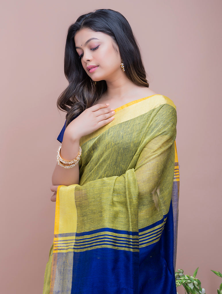 Soft Bengal Handwoven Linen Saree - Lime & Royal Blue 
