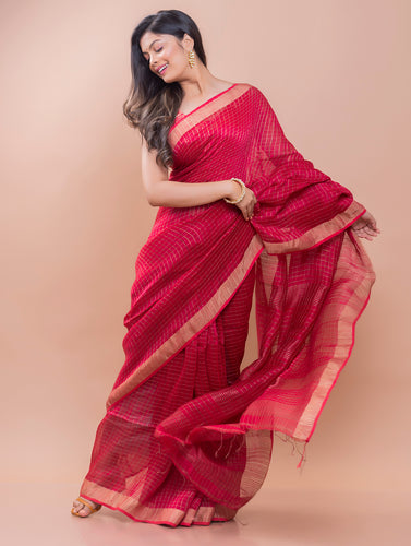 Soft Bengal Handwoven Linen Saree - Red