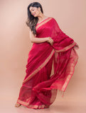 Soft Bengal Handwoven Linen Checked Saree - Red & Gold