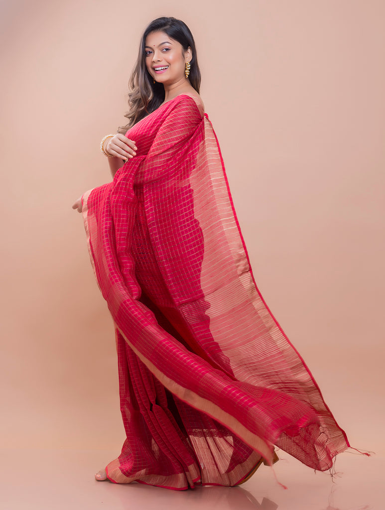 Soft Bengal Handwoven Linen Saree - Red