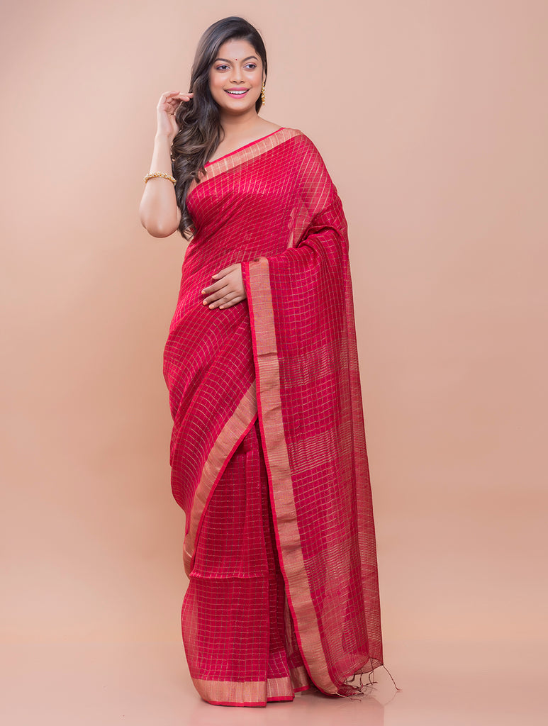 Soft Bengal Handwoven Linen Saree - Red
