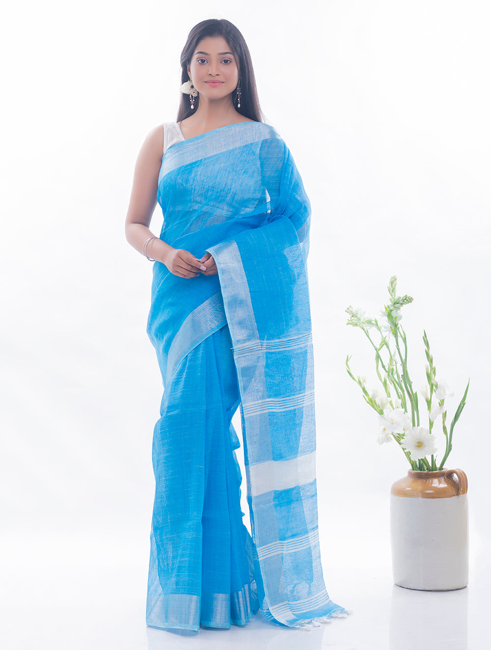 Load image into Gallery viewer, Soft Bengal Handwoven Linen Saree - Sky Blue &amp; Silver