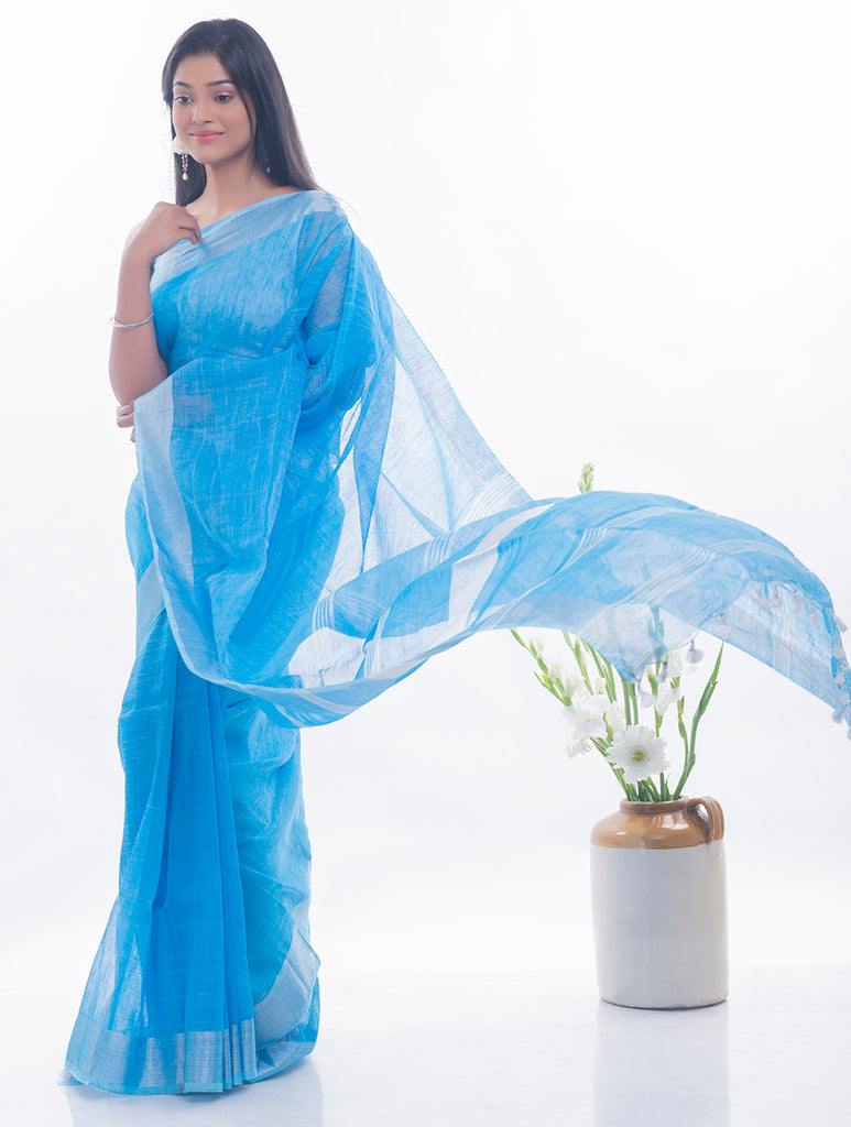 Soft Bengal Handwoven Linen Saree - Sky Blue & Silver