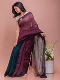 Soft Bengal Handwoven Linen Saree - Teal & Mulberry