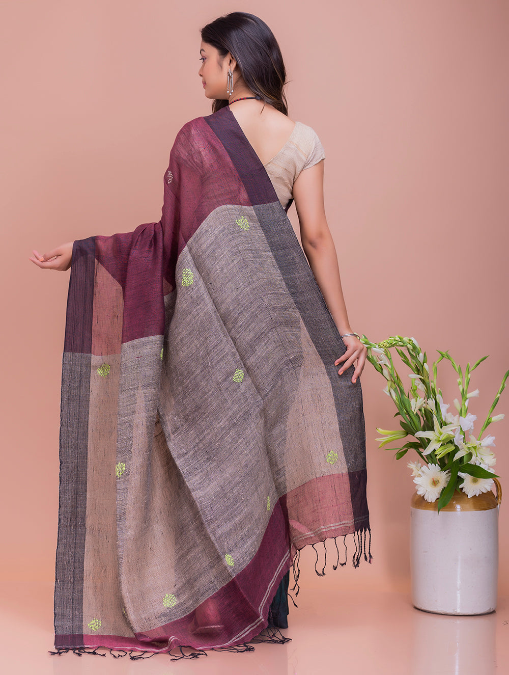 Load image into Gallery viewer, Soft Bengal Handwoven Linen Saree - Teal &amp; Pink