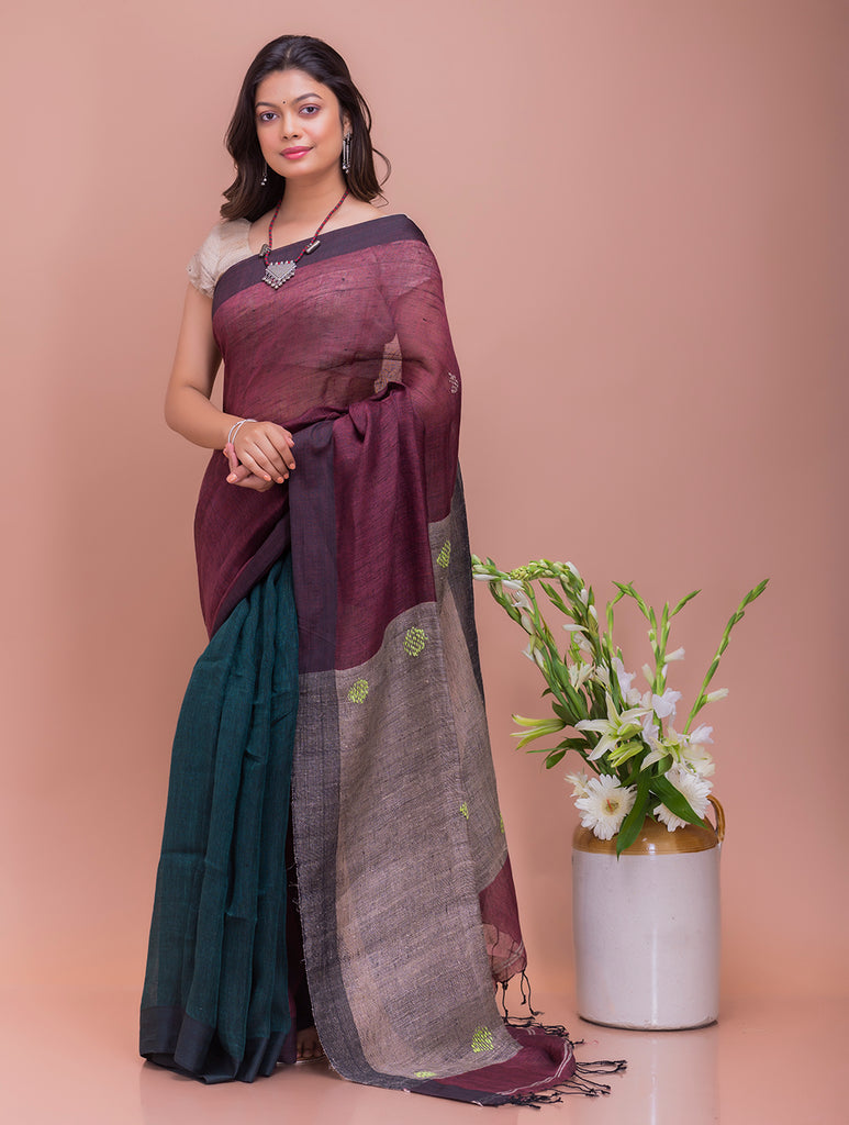 Soft Bengal Handwoven Linen Saree - Teal & Pink