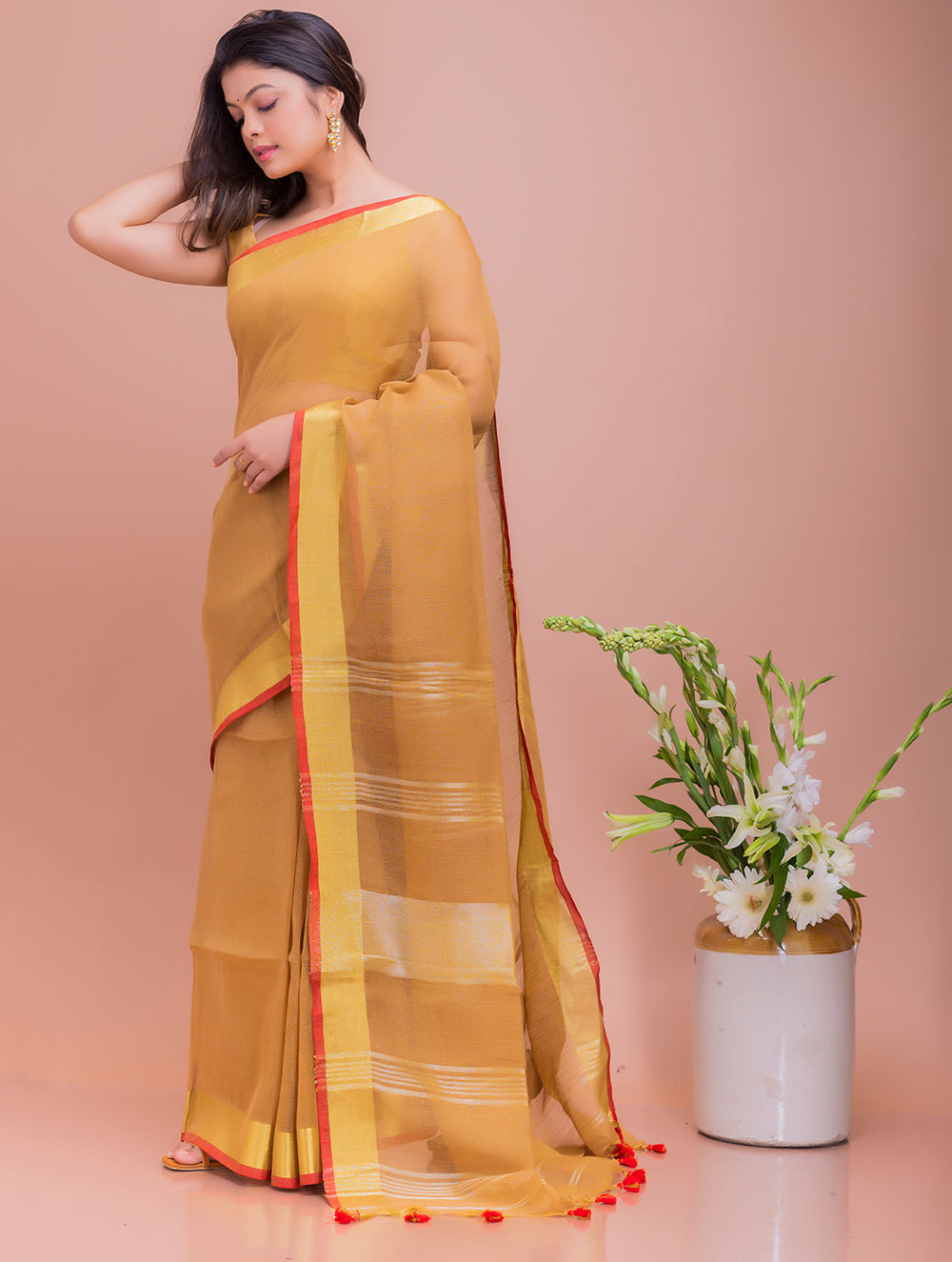 Load image into Gallery viewer, Soft Bengal Handwoven Linen Saree -  Ochre &amp; Gold