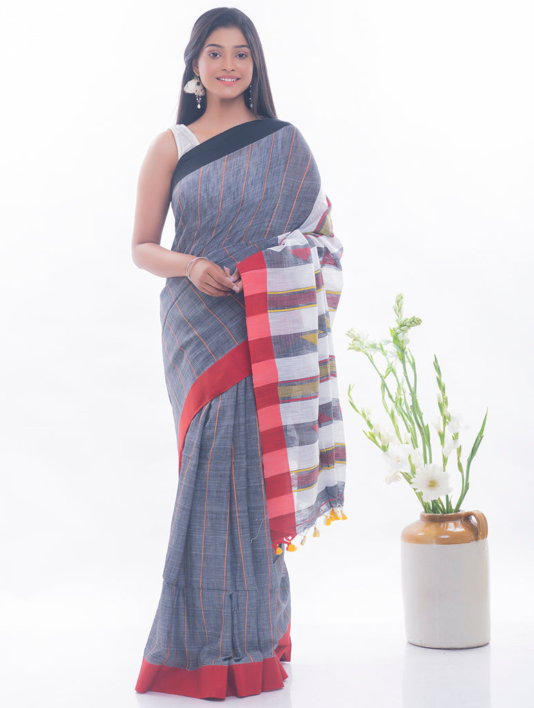 Soft Bengal Handwoven & Kantha Stitch Cotton Saree - Grey & Red