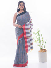 Load image into Gallery viewer, Soft Bengal Handwoven &amp; Kantha Stitch Cotton Saree - Grey &amp; Red
