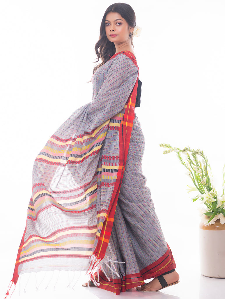 Soft Bengal Handwoven & Kantha Stitch Cotton Saree - Grey, Red & Yellow 
