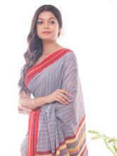 Load image into Gallery viewer, Soft Bengal Handwoven &amp; Kantha Stitch Cotton Saree - Grey, Red &amp; Yellow 