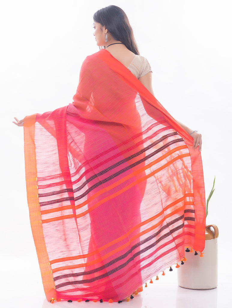 Soft Bengal Handwoven & Kantha Stitch Khadi  Cotton Saree - Deep Pink & Orange