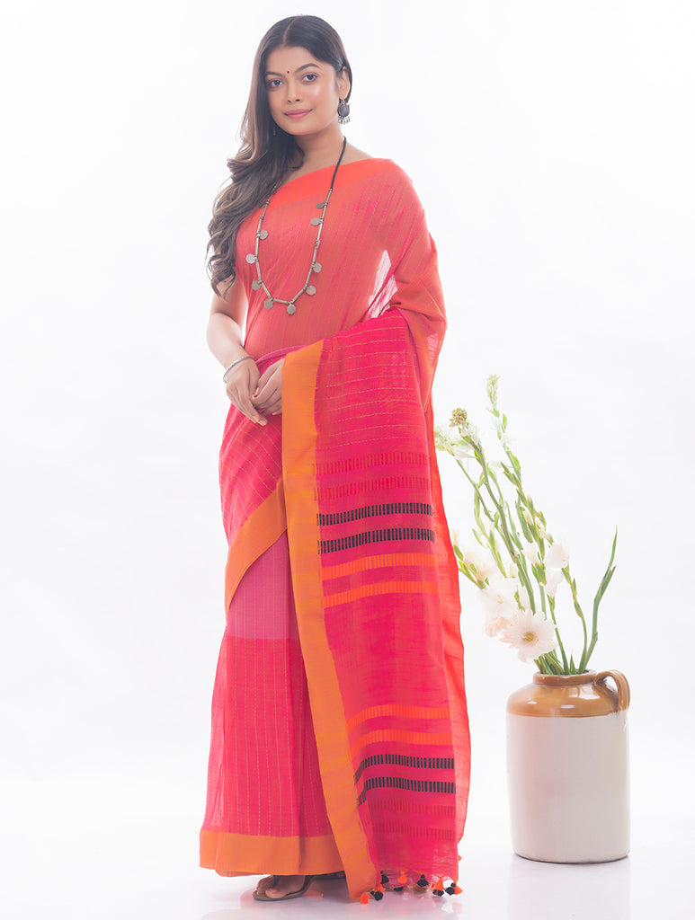 Soft Bengal Handwoven & Kantha Stitch Khadi  Cotton Saree - Deep Pink & Orange