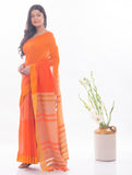Soft Bengal Handwoven & Kantha Stitch Khadi  Cotton Saree - Warm Orange