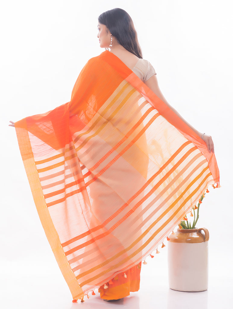 Soft Bengal Handwoven & Kantha Stitch Khadi  Cotton Saree - Orange