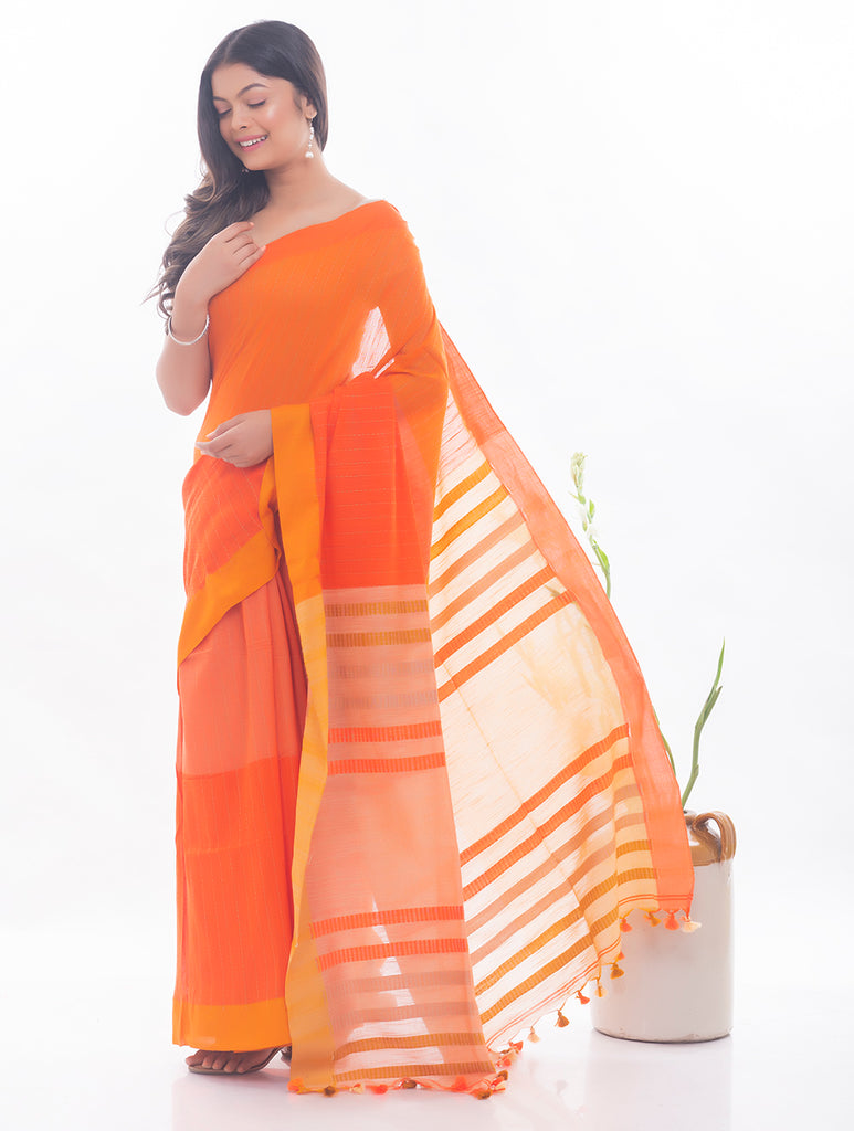 Soft Bengal Handwoven & Kantha Stitch Khadi  Cotton Saree - Orange