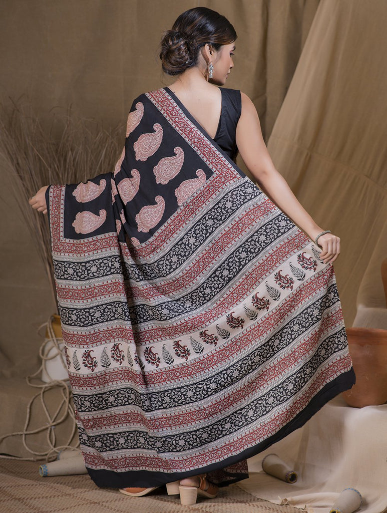 Soft & Flowing Bagru Block Printed Modal Silk Saree - Black Ambi (With Blouse Piece)